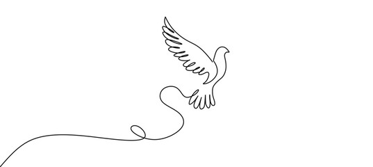 Bird flying with heart in continuous line art drawing. One outline of dove animal. Vector illustration isolated. Minimalist design handdrawn.