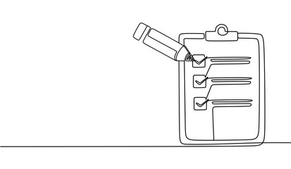 Clipboard with checklist. Continuous line one drawing. Without backgound. Simple line illustration.  © Natvc