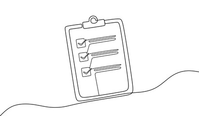 Clipboard with checklist. Continuous line one drawing. Without backgound. Simple line illustration.	