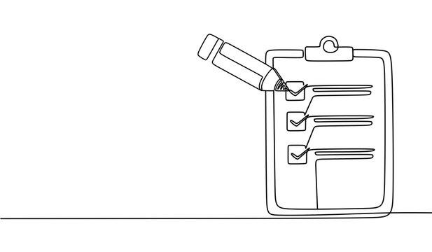 Clipboard with checklist. Continuous line one drawing. Without backgound. Simple line illustration.	