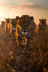 Jaguars standing in the savanna with setting sun shining. Group of wild animals in nature.