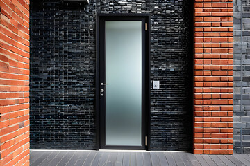Glass door on the brick wall. Door in brick wall
