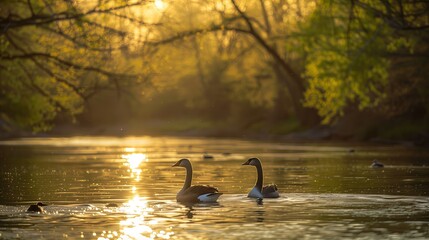 Para kaczek pływających razem na jeziorze w słoneczny dzień - obrazy, fototapety, plakaty