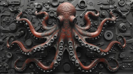 An octopus adeptly showcases multitasking and comprehensive service by using each tentacle to wield a distinct tool in customer support. - obrazy, fototapety, plakaty