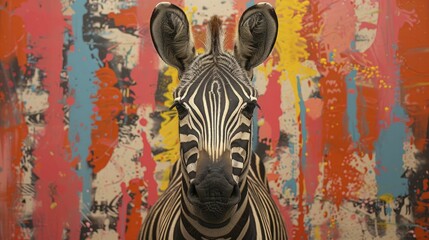 A zebra camouflaged within a vibrant art gallery, with its stripes aligning with the artwork, symbolizing artistic uniqueness and the beauty of standing out.