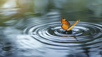 Butterfly effect: a single butterfly causing ripples over a calm pond, symbolizing the impact of small business decisions on broader market changes. - obrazy, fototapety, plakaty