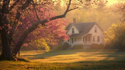 Biały dom jest otoczony bujną zielenią pola, w otoczeniu pięknej wiosennej sceny. - obrazy, fototapety, plakaty