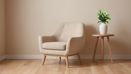 beige armchair on a hardwood floor against a light tan wall, with a small wooden side table and a green plant on it to the right side 