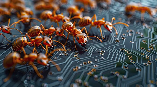 Ants forming a circuit board pattern showcase teamwork, precision in tech innovation and development.