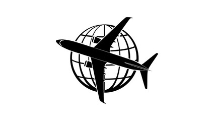 flight booking, airplane and earth,  black isolated silhouette - obrazy, fototapety, plakaty