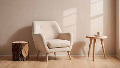 beige armchair on a hardwood floor against a light tan wall, with a small wooden side table and a green plant on it to the right side 