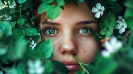 Kobieta o niebieskich oczach ukryta za zielonymi liśćmi w wiosennej scenerii. - obrazy, fototapety, plakaty