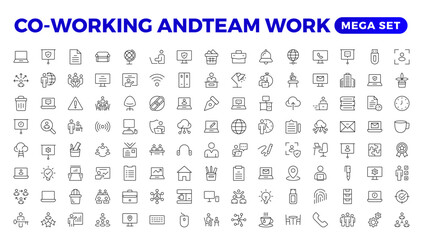 Fototapeta na wymiar Co-working & Teamwork.Office and coworking linear icons collection. Set of coworking space Icons.Business teamwork, team building, work group, and human resources minimal thin line web icon set.
