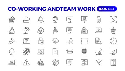 Co-working & Teamwork.Office and coworking linear icons collection. Set of coworking space Icons.Business teamwork, team building, work group, and human resources minimal thin line web icon set.