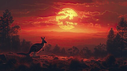 A kangaroo silhouette leaps towards the rising sun over mountains, symbolizing triumph over obstacles on the path to success. - obrazy, fototapety, plakaty
