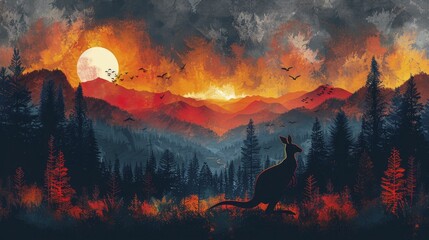Silhouette of a kangaroo bounding towards a rising sun over a mountainous landscape, illustrating overcoming challenges and the journey towards success.