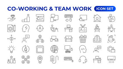 Co-working & Teamwork.Office and coworking linear icons collection. Set of coworking space Icons.Business teamwork, team building, work group, and human resources minimal thin line web icon set.