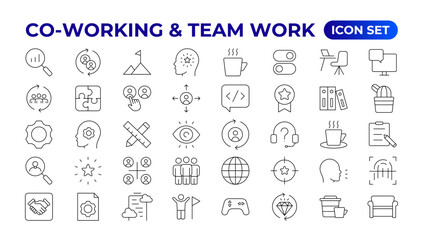 Co-working & Teamwork.Office and coworking linear icons collection. Set of coworking space Icons.Business teamwork, team building, work group, and human resources minimal thin line web icon set.
