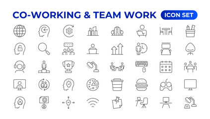 Co-working & Teamwork.Office and coworking linear icons collection. Set of coworking space Icons.Business teamwork, team building, work group, and human resources minimal thin line web icon set.