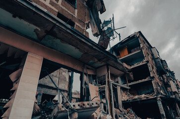 destroyed and burned houses in the city during the war in Ukraine