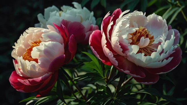 Bicolor peonies in bloom, vibrant colors against a dark background.

