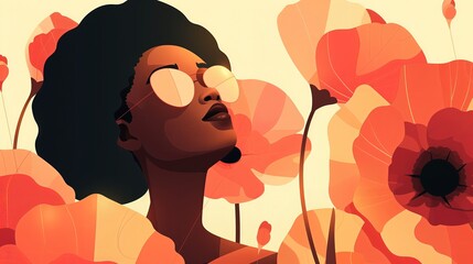 Kobieta stoi wśród pola maków w jaśminowym świetle, otoczona karmazynowymi kwiatami na tle zachodzącego słońca. Nowoczesna stylizacja wiosenna. - obrazy, fototapety, plakaty