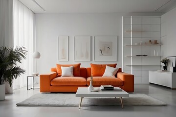 Modern living room interior with orange sofa and coffee table,