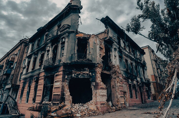 destroyed and burned houses in the city during the war in Ukraine