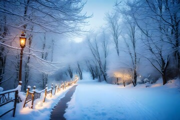 A charming snow-covered road leads to a hidden winter wonderland with flickering lights.