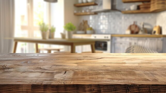 photo wooden table top in a contemporary cozy kitchen area with a blurry background