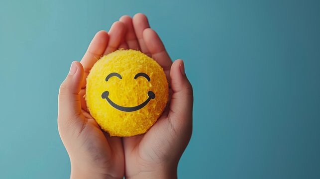 World Mental Health day banner. Concept of self care, happiness, harmony, creative mind. Hands holding yellow happy smile face on blue background. Copy space