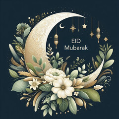 Eid Mubarak card with crescent moon and floral decor
