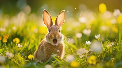 Na obrazie widać królika wielkanocnego siedzącego na trawie z otwartą gębą, wyglądającego na zaskoczonego lub gotowego do zjedzenia czegoś. - obrazy, fototapety, plakaty