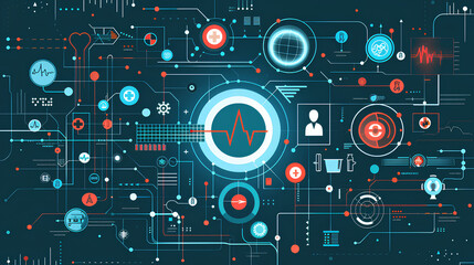 Abstract digital illustration futuristic health technology with vital signs monitor integrated into a complex network. Futuristic health technology concept.