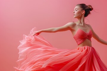 Elegant dance instructor showcasing moves in studio with flowing red dress