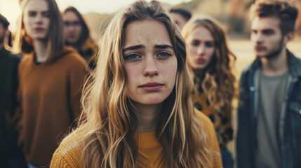 Portrait of a young teenager girl looking lost in the midst of a group of other teens of her age , difficulty to integrate in a group concept image - obrazy, fototapety, plakaty