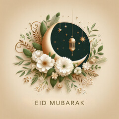 Eid Mubarak card with crescent moon, hanging lantern and floral decor
