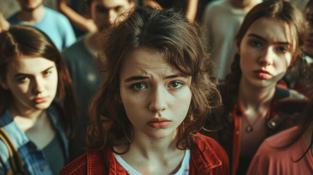Portrait of a young teenager girl looking lost in the midst of a group of other teens of her age , difficulty to integrate in a group concept image