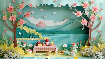 Wiosenna piknikowa scena wycięta z papieru, przedstawiająca kosze piknikowe oraz drzewa. - obrazy, fototapety, plakaty