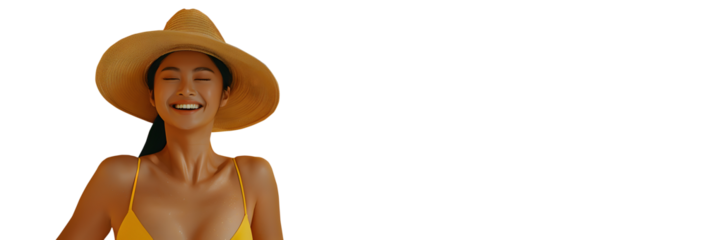 A cheerful woman wearing a yellow one-piece swimsuit and a wide-brimmed straw hat, against an isolated background.