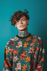 Portrait of a young handsome male model man wearing an autumn themed sweatshirt on blue color background