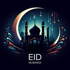 Eid Mubarak congratulations with silhouette mosque, moon, flat design