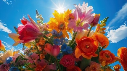 Bukiet kwiatów wzniesiony w niebo na tle słońca. Kwiaty są różnorodne i kolorowe, tworzą wiosenną kompozycję.