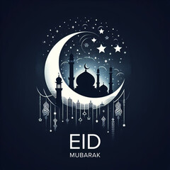 dark color Eid Mubarak greeting card with moon and silhouette mosque 