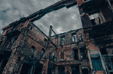 destroyed and burned houses in the city during the war in Ukraine
