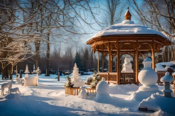 Winter garden with whimsical snow sculptures and a cozy gazebo bathed in warm light
