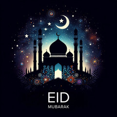 Eid Mubarak congratulations with silhouette mosque, flat design