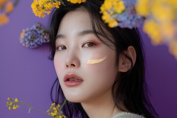 Obraz na płótnie Canvas pretty korean girl with flawless skin, clear facial features, with a streak of face cream on cheek