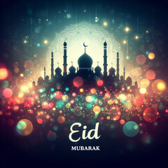 Eid Mubarak greeting with silhouette mosque and bokeh background