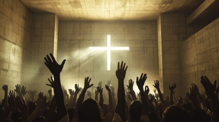 realistic photo of raised hands in a church, modern worship, low light, cross 
